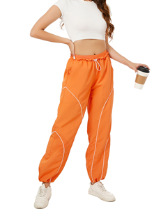 Pantalones Anchos Tipo Paracaídas Color Naranja para Mujer, Cintura Alta con Cordón, Largos, Casuales, Transpirables, 100% Poliéster, con Raya Lateral - Product Image 3