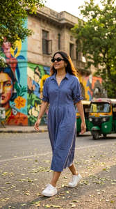 Robe chemise en lin et coton bleu, manches bouffantes, longueur midi, col rabattu, ourlet plissé, tenue décontractée d'été - Product Image 5