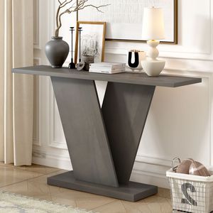 Mesa Consola Clásica Versátil Mirod con Base en V y Chapa de Madera Natural para Exhibir Artículos Favoritos - Product Image 1