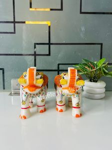 Handmade Painted Stone <b>Elephant</b> Figurine Pair Feng Shui Home <b>Decoration</b> White Gold Orange <b>Decorative</b> Statues - Product Image 5