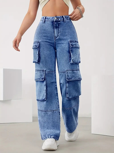 Vaqueros Cargo de Mezclilla Azul Lavado Holgados y Estilizados para Mujer, con Botones, de Corte Recto, para Uso Casual, en Venta, Servicio OEM - Product Image 2