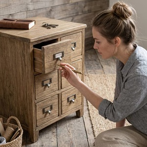 Boîte à tiroirs en bois rustique avec poignée en laiton, forme rectangulaire, durable, pour rangement à domicile ou au bureau - Product Image 2