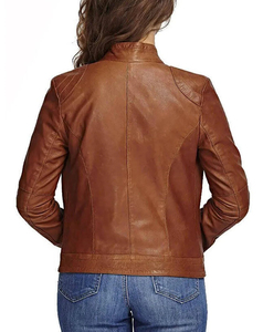 <b>Women</b> Genuine <b>Leather</b> Motorcycle <b>Jacket</b> Slim Fit Stand Collar Full Sleeve Brown Biker Style Autumn Wear - Product Image 2