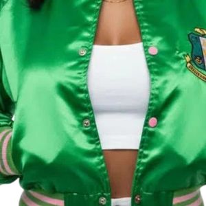 Green Crop <b>Jacket</b> Satin Bomber Style Women Casual Outerwear Fashion <b>Jacket</b> Lightweight Button Front Team Apparel Stylish - Product Image 5