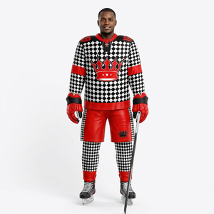 Uniforme de hockey sur glace personnalisé rouge, noir et blanc à carreaux - Ensemble de maillot, short et chaussettes de hockey sur glace avec logo couronne sublimé - Product Image 2