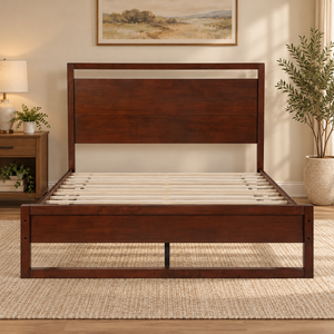 Cadre de lit plateforme Queen moderne avec tête de lit en panneaux de bois massif et pied de lit bas K2623 - Product Image 1