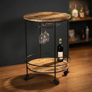 Rustic Round <b>Bar</b> Cart With Wood Top And Metal Frame Two Tier Rolling Wine <b>Trolley</b> With Glass Holder For Home <b>Bar</b> - Product Image 4