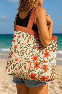 Bolso de mano de lona con paneles florales, estilo bohemio, bolso de playa con parte superior abierta, bolso de hombro de gran capacidad para mujer de verano - Product Image 3