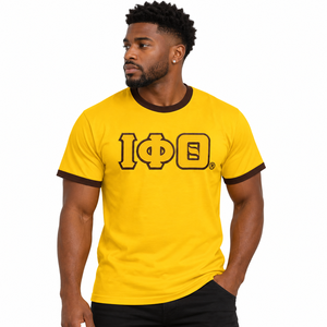 Iota-Phi-Theta Mens Yellow T Shirt Brown Trim Crew Neck Short Sleeve Greek Letter Embroidered Tee Casual Fraternity Apparel Top - Product Image 1