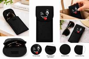 Étui à lunettes en toile noire avec motif visage clignotant, fermeture à rabat, étui de rangement portable décontracté - Product Image 5