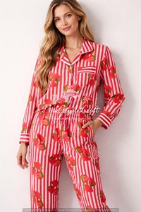 Luxurious Summer Autumn Eco-Friendly Breathable Strawberry Print Cotton Pajama Set for Women Long Sleeve Button Shirt Matching - Product Image 6