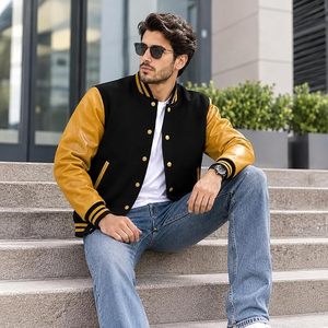 Chaqueta Varsity para Hombre con Bloques de Color, Cuerpo Negro, Mangas de Cuero PU Color Bronceado, Cierre de Botones a Presión y Cuello Alto - Product Image 3
