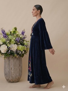 <b>Boho</b> <b>Style</b> Velvet Eco-Friendly Woven Dress with Floral Embroidery Full Sleeve O-Neck Loose Fit Floor-Length Autumn Casual Wear - Product Image 3