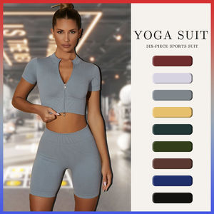 Ensemble de sport une pièce pour yoga, côtelé, avec short taille haute, crop top, fermeture éclair, en Spandex/Nylon, respirant, sans couture, col halter et col en V - Product Image 2