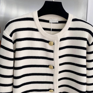 <b>Women's</b> Striped Knit <b>Cardigan</b> Crew Neck Full Sleeve <b>Crop</b> Length Button Closure Nautical Style 100% Acrylic Autumn Wear - Product Image 2