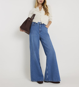 Wholesale Low MOQ Custom Women's 100% Cotton <b>Denim</b> <b>Material</b> Custom Made Baggy Pants Manufacturer OEM Streetwear Wide Leg Flare - Product Image 3