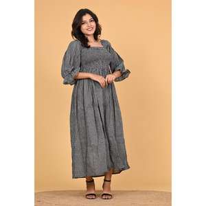 Vestido Maxi de Algodón con Estampado de Cuadros Negros, Vestido de Verano Bohemio de Manga Larga para Mujer - Product Image 3