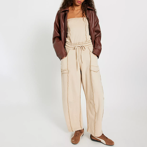 Mono de lona beige sin mangas para mujer, con cintura ajustada, largo completo, con bolsillos, estilo urbano, pantalón de pierna ancha, para primavera y verano - Product Image 1
