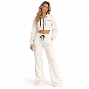 Custom <b>Cropped</b> <b>Zip</b>-<b>Up</b> <b>Hoodie</b> & Flared Sweatpants Women's Two-Piece Set Winter Vintage Streetwear 100% Cotton - Product Image 4