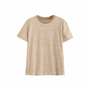 Camiseta informal de estilo urbano personalizada, marrón con rayas blancas, de manga corta, para verano, suave, transpirable, a la moda. - Product Image 1