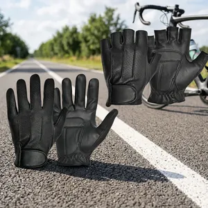 Gants de conduite unisexes en cuir noir à demi-doigts, respirants, perforés, avec sangle de poignet réglable, utilisables toute l'année - Product Image 6