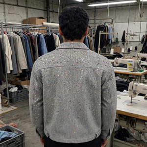 Manufacturer Custom <b>Men's</b> Streetwear Windproof Casual All Print Rhinestone Diamonds Zip-Up Cotton Twill Canvas Front Safari - Product Image 3