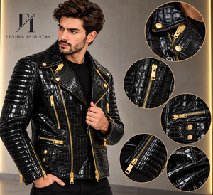 Veste en cuir de crocodile personnalisée pour homme, veste de motard en cuir de crocodile noir gaufré, veste en cuir véritable, streetwear moto - Product Image 5