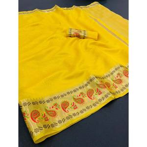 SAREE DE SEDA DE ORGANZA MERCERIZADO PURO CON BLUSA PARTIDO AMARILLO - Product Image 1