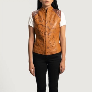 Chaleco de cuero genuino para mujer, chaleco informal marrón sin mangas con cuello alto y cremallera, chaleco con tachuelas, abrigo de moda para mujer, el más vendido - Product Image 6