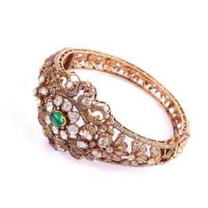 <b>Gold</b> Plated Gajaah 925 Sterling Silver Handcrafted Polki & Emerald <b>Bangles</b> Pair For Women Party Wear Engagement - Product Image 2