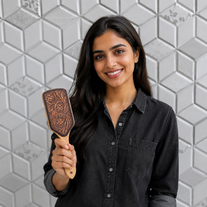 Handmade Hand Tooled Leather Wooden Hair <b>Brush</b> Carved Floral Design <b>Scalp</b> Massage Manual Use Rectangular Shape Deepika Exports - Product Image 3