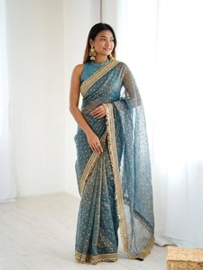 Sari en organza de soie de luxe pour femmes, bordure brodée Zari, chemisier |   Collection de saris traditionnels indiens pour mariages et fêtes - Product Image 1