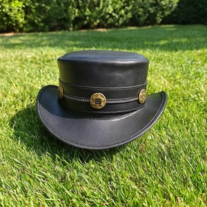 Premium quality custom made Handmade Black Leather Top <b>Hat</b> <b>Steampunk</b> Gothic Cowboy Style - Product Image 5