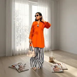 Orange <b>Kurta</b> with Contrast Farshi Salwar | Designer Indian Ethnic Wear | <b>Women</b>’s Traditional Salwar Suit Wholesale - Product Image 2