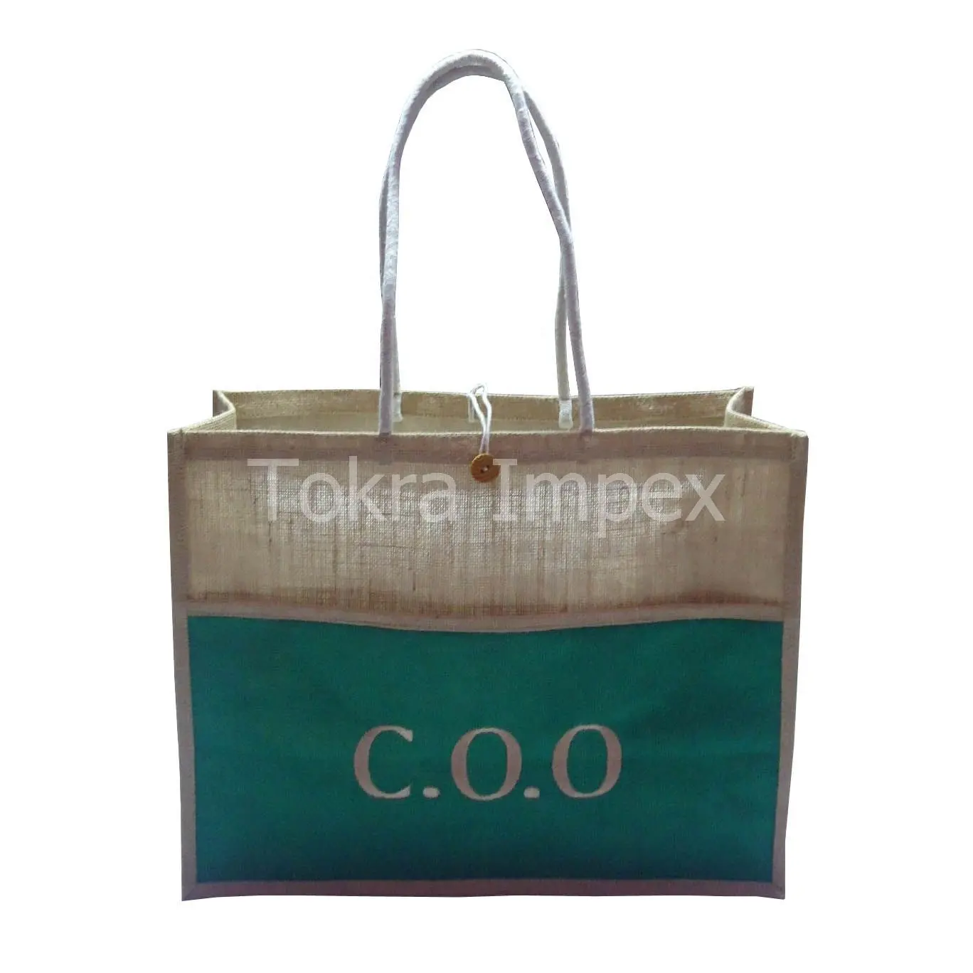 Sac de promotion en Jute de couleur verte avec poignée en corde, pochette complète avec Logo brodé personnalisé