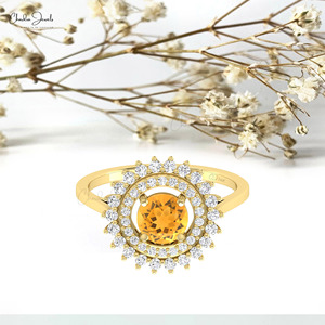 Hallmarked 14k Solid <b>Gold</b> Natural 6mm Round Cut Citrine & Diamond Double Halo <b>Ring</b> Wholesale Wedding Jewelry Supplier from India - Product Image 6