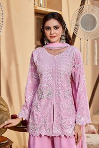 Ensemble de vêtements pour femme en faux georgette lourd avec broderie et travail de sequins de 3 mm, comprenant un haut, un palazzo et un dupatta, entièrement cousu, ZW 145 - Product Image 6
