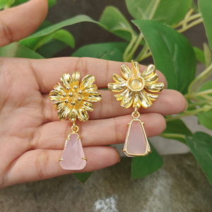 Designer jewelry checker cut chalcedony amethyst quartz <b>drop</b> earrings brass 18k gold plated sunflower stud earring for women - Product Image 6