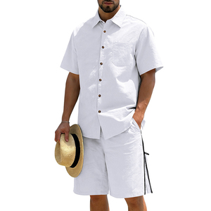 Men's White Cotton Short Sleeve <b>Shirt</b> And Shorts Set Casual Summer Outfit Breathable Woven Solid <b>Color</b> Two Piece Suit - Product Image 1