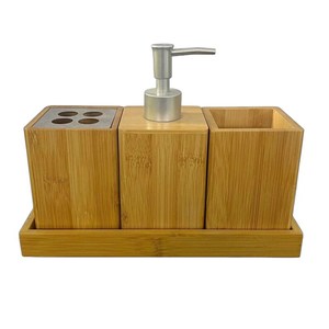 Bamboo <b>Bathroom</b> Organizer <b>Set</b> With Soap Dispenser Toothbrush Holder And Storage Tray Minimalist Rectangle Customized Design - Product Image 2