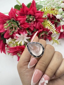 Rose Quartz Teardrop Silver Plated <b>Ring</b> Handmade Pink Gemstone <b>Statement</b> Cocktail <b>Ring</b> for Women Wholesale - Product Image 5