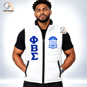 <b>Men's</b> Phi Beta Sigma <b>White</b> <b>Puffer</b> Vest Stand Collar Zipper Windproof Casual Winter <b>Jacket</b> Blue Logo Front Eco-Friendly - Product Image 1