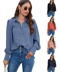 Camisas de Mujer para Primavera, Verano y Otoño, Blusas de Moda de Color Sólido, Manga Larga, Cuello Camisero, Corte Regular, Casual, con Botones Delanteros - Product Image 3