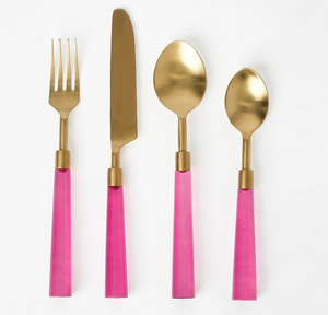 Ensemble de couverts dorés avec manches roses, fourchette, cuillère, couteau, passe au lave-vaisselle, design glamour, pour fêtes, hôtels et usage domestique - Product Image 1