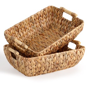 Water Hyacinth Storage <b>Basket</b> Handwoven Woven Organizer Bin with Wooden Handle for Living Room Kitchen <b>Bathroom</b> - Product Image 1
