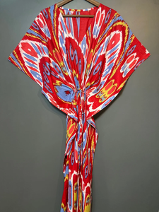 Nuevo y Elegante Kaftán con Estampado Animal, Cuello en V, Cierre con Cordón, Corte Evase, de Algodón Suave Indio, con Encaje, Largo Completo, para Playa - Product Image 6