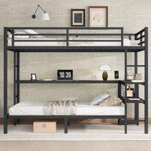 Letto a Castello Nero FULL Over Twin con LED e USB, Funzionalità di Posizionamento Multiplo, Scrivania e Scaffali per Bambini - Product Image 3