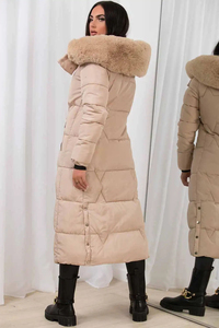 Veste d'hiver matelassée longue pour femme, beige, personnalisée, avec capuche en fausse fourrure, fermeture éclair intégrale, style doudoune, vente en gros OEM - Product Image 2