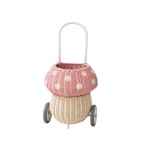 Earthy Woven Wicker Rattan Kids Toy <b>Push</b> <b>Walker</b> Styled With Mushroom Canopy Structure Tailored For Little Ones House Play And Ro - Product Image 1