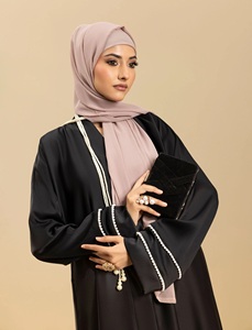 Conjunto de Abaya Informal para Mujeres Musulmanas, Ligero, Transpirable, de Poliéster, Moderno, para Uso Diario, Color Negro, Textura Nida, con Cuentas, Corte Holgado - Product Image 5
